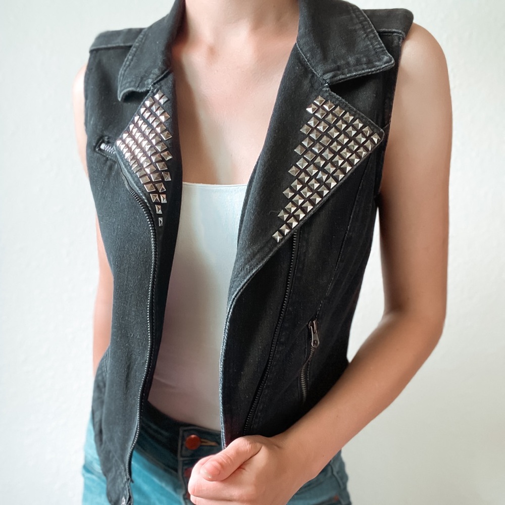 Black edgy denim studded vest